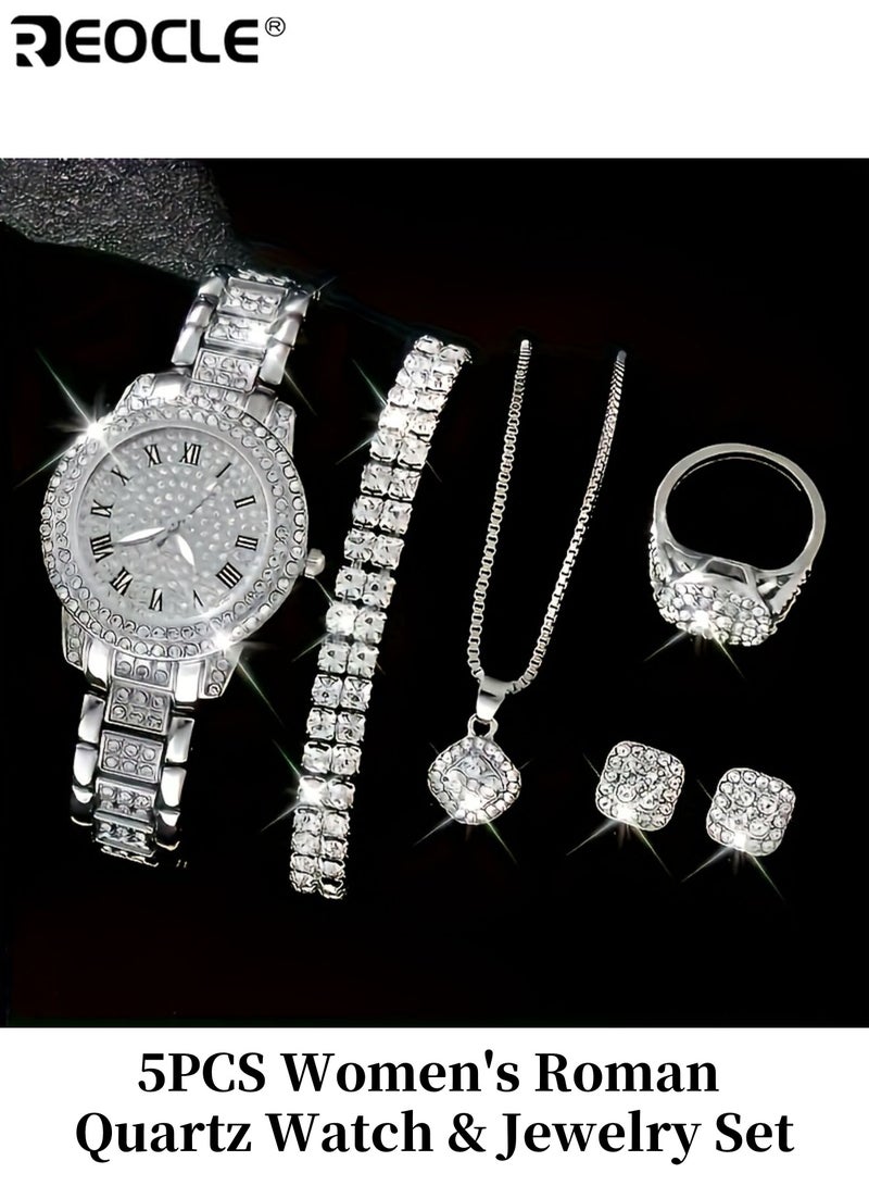 ريوكل 5 قطع نسائية ساعة ومجوهرات كوارتز رومانية مع ترصيع حجر الراين الفاخر مؤشر أنيق حزام سبائك الزنك يتضمن قلادة سوار خاتم قرط أنيق أنيق هدية مثالية لها مناسبة للارتداء اليومي للحفلات مناسبات خاصة للنساء للسيدات للبالغين - Image 1