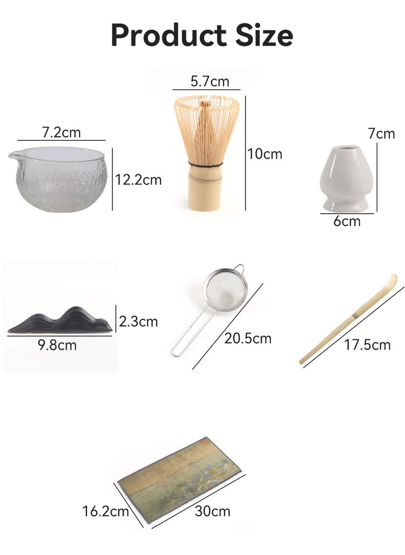 Matcha Tea Set, 7Pcs Matcha Whisk Set, Traditional Handmade Matcha Tea Tool, Include Matcha Bowl, Bamboo Matcha Whisk, Whisk Holder, Scoop, Scoop Stand, Stainless Steel Tea Sifter, Tea Towel