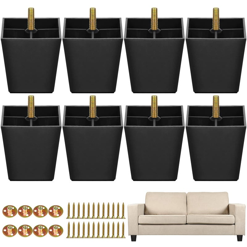 TURSTIN Furniture Legs Plastic Sofa Coach Legs Square Tapered Feet Sofa Legs with TNuts Screws for Legs Sofas Chairs Cabinets Dressers Beds Black 8 3 Inches