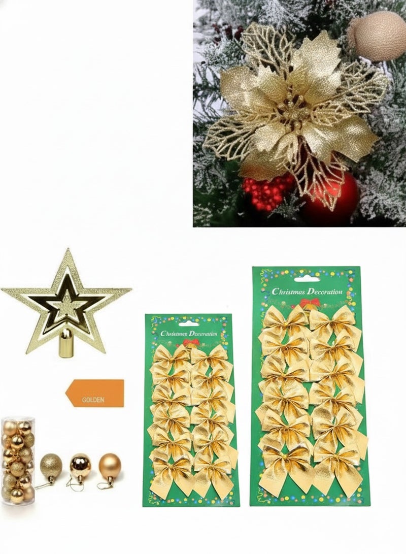 Christmas decoration accessories a package of four Christmas tree decorative ornaments included 24 pieces of Gold Ball 1 Tree Top star 12 pieces of bow and 1 hollow glitter gold flower - Image 1