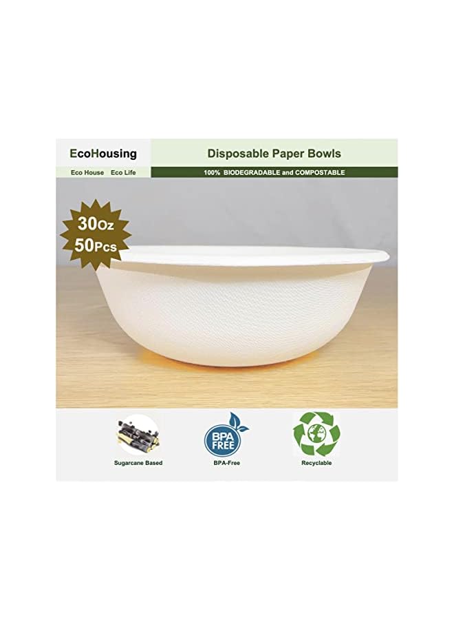 Raxoom 50-Pcs]100% Compostable Heavy-Duty Large Disposable Bowls, Made of Bagasse Cane Fibers, Eco-Friendly and Biodegradable, Perfect for Salad, Soup, Dessert, Hot or Cold Use - Image 2