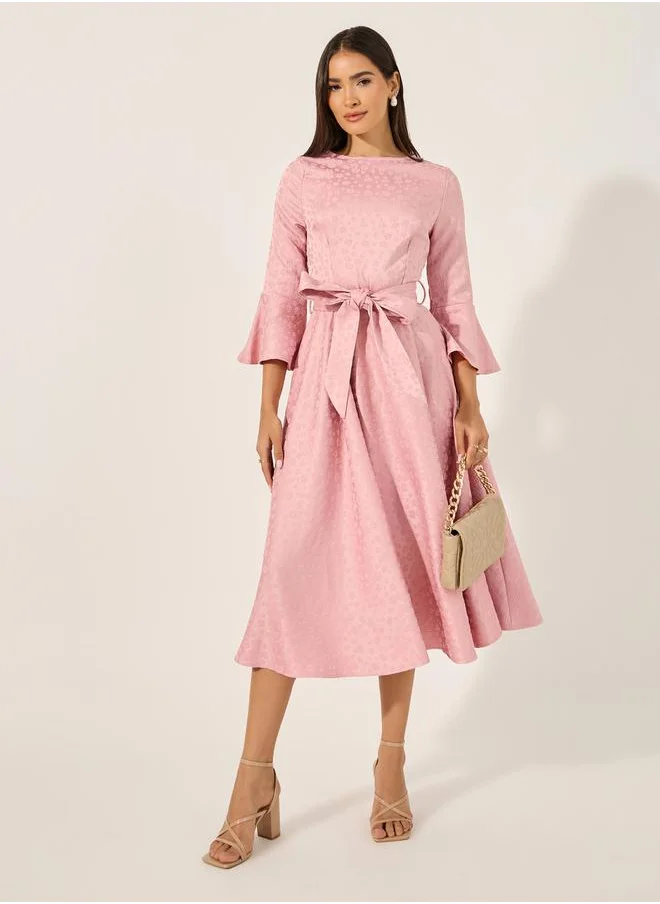 ستايلي Boat Neck Waist Tie-Up A-Line Midi Dress with 3/4th Sleeves