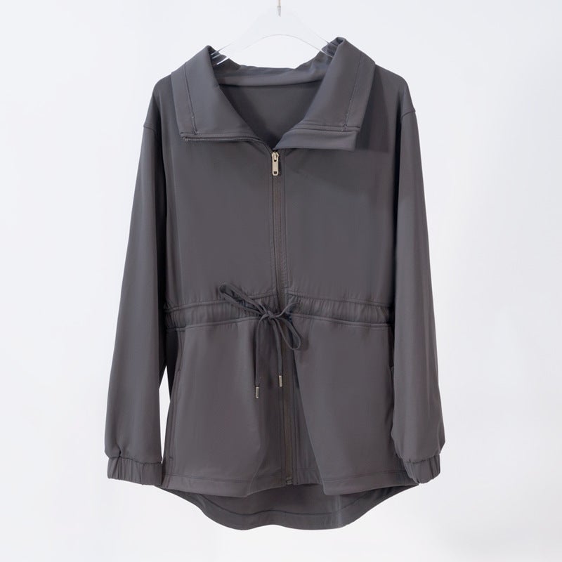 Generic Yoga Clothing Vertical Collar Windbreaker Jacket Tunic Womens Sports Autumn Casual Jacket Slimming Loose Lapel Top Graphite Grey 036 Belted Jacket 