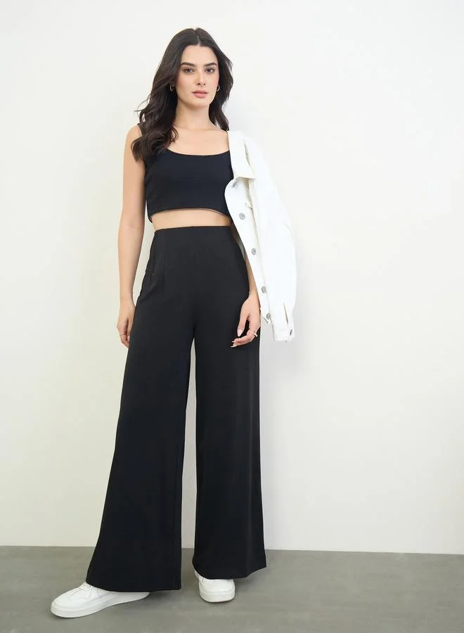 ستايلي Black Wide Leg Pants with Side Zip