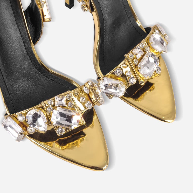 11Cm New Pointed Toe Gold Export Rivets Rhinestone Stiletto Heels Summer Sandals Fashion Large Size Shoes - Image 5