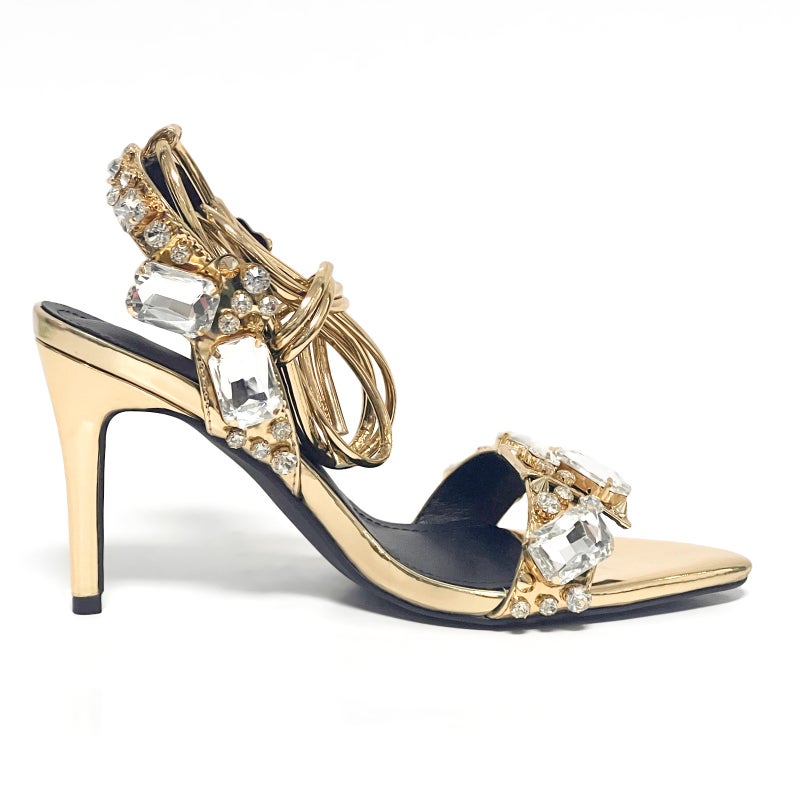 11Cm New Pointed Toe Gold Export Rivets Rhinestone Stiletto Heels Summer Sandals Fashion Large Size Shoes - Image 1