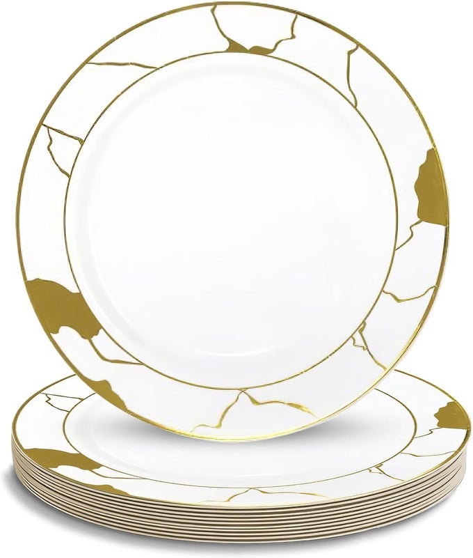 SOPHISTICATED MARBLE COLLECTION WHITE GOLD DINNER PLATES SET 10 PACK OF 10 DURABLE STUNNING PERFECT FOR PARTY HOSTING MEMORABLE DINNERS