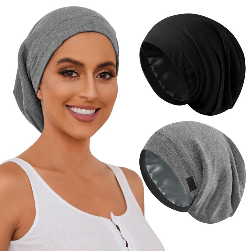 ZHENSILK Silk Satin Bonnet Satin Lined Sleep Cap Hair Wrap for Sleeping Hair Cover Slouchy Beanie Hat for Women Men 2PCSBlackGrey - Image 2