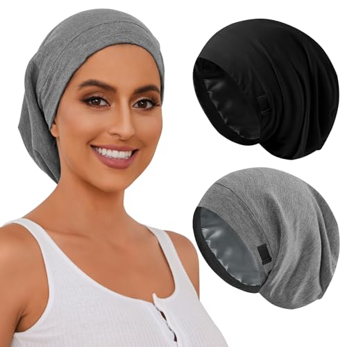 ZHENSILK Silk Satin Bonnet Satin Lined Sleep Cap Hair Wrap for Sleeping Hair Cover Slouchy Beanie Hat for Women Men 2PCSBlackGrey - Image 1