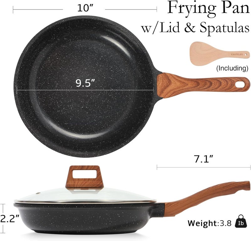 ESLITE LIFE 9.5 Inch Frying Pan with Lid Nonstick Induction Skillet Egg Omelette Maker Pan with Wood Spatula - Image 2