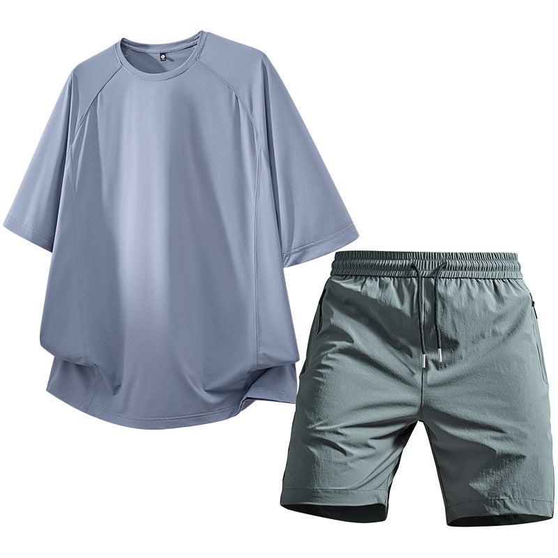 Summer Sports Suit for Men, New Ice Silk Quick-Drying Short-Sleeved Casual Loose-Fitting Pants, Outdoor Fitness Two-Piece  Set