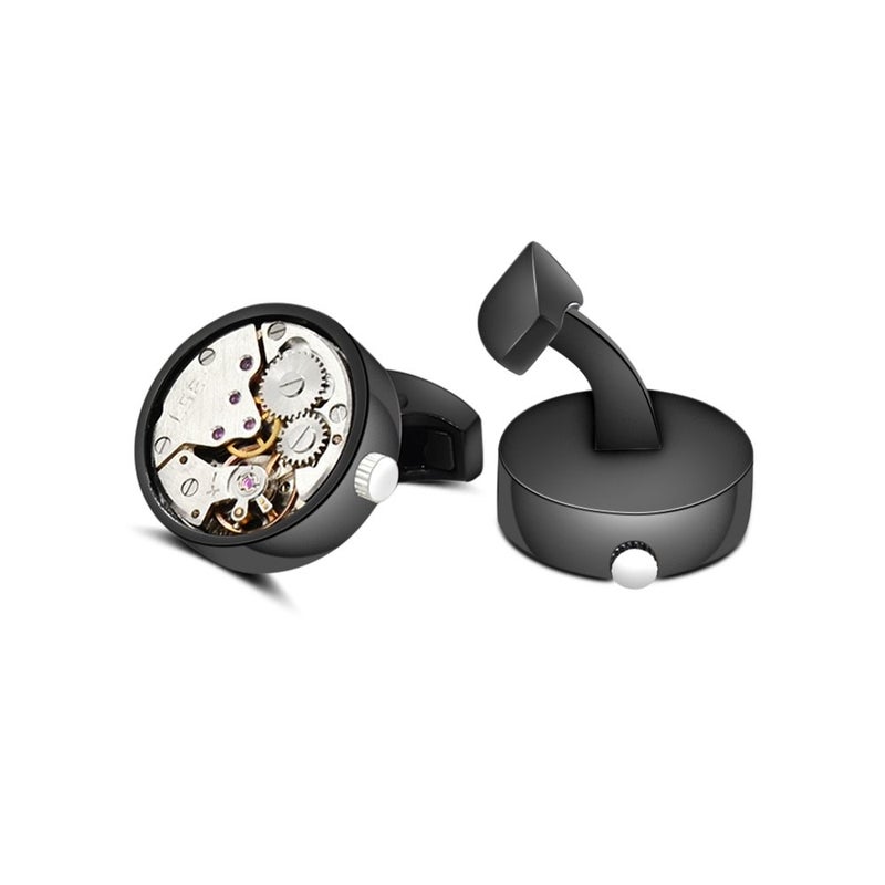 Merit Ocean Cufflinks Steampunk Watch Movement Shape Cufflinks for Men Mens Shirt Vintage Gears Watch Cuff Links Business Wedding Gifts with Gift Box (Silver in the middle(can move)) - Image 3