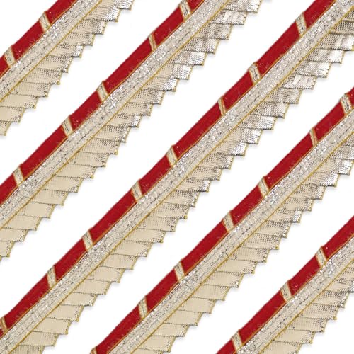 Embroiderymaterial شريط قماش مطرز ذهبي جوتا باتي لحدود الساري، الفساتين، الدوباتا، البلوزة، الكورتا، التطريز والخياطة (أحمر وذهبي، 8 أمتار، 2.4 سم عرض) - Image 1