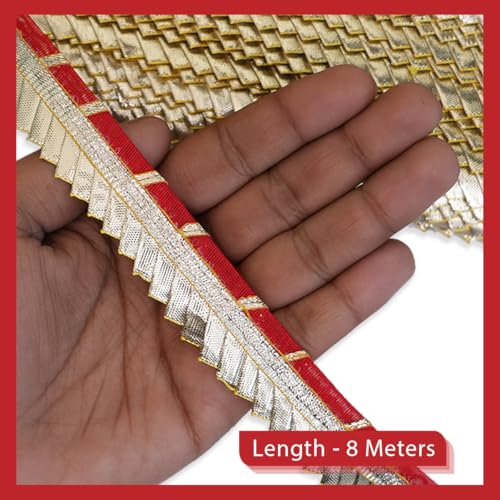 Embroiderymaterial شريط قماش مطرز ذهبي جوتا باتي لحدود الساري، الفساتين، الدوباتا، البلوزة، الكورتا، التطريز والخياطة (أحمر وذهبي، 8 أمتار، 2.4 سم عرض) - Image 3
