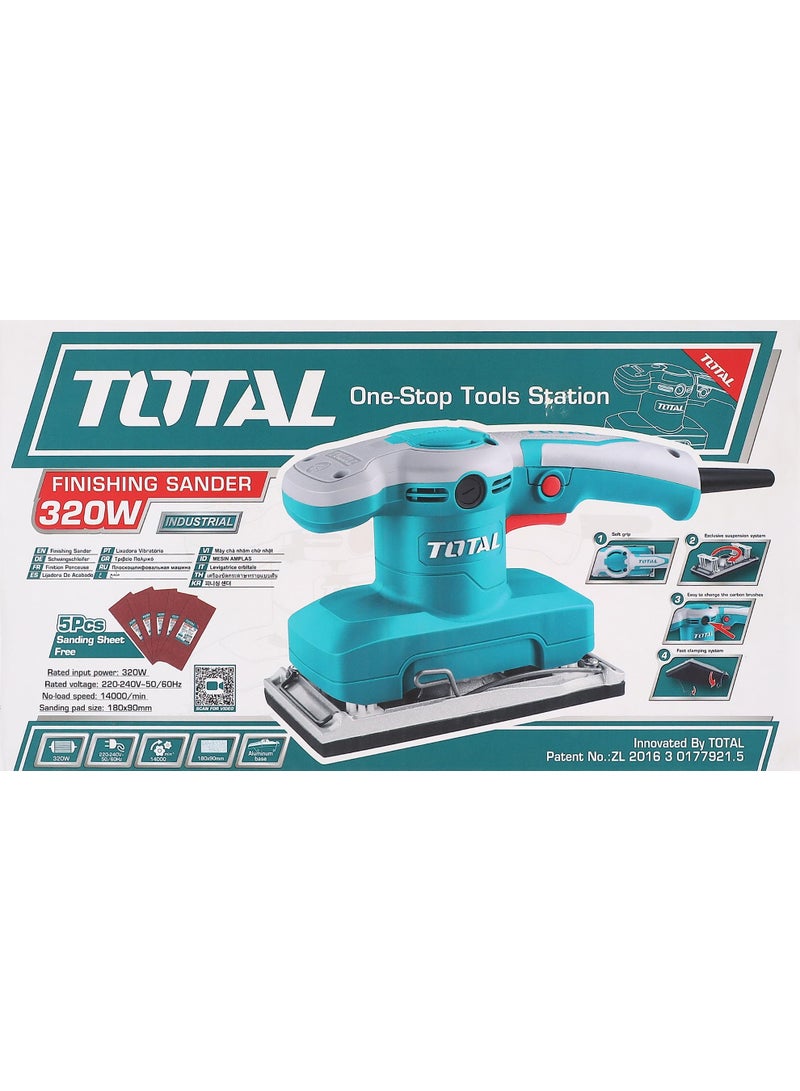توتال صنفرة تشطيب كهربائية TOTAL TF1301836 بقدرة 320 واط، سرعة 14000 دورة/دقيقة، قاعدة ألمنيوم 90×180 مم مع أوراق صنفرة لتشطيب الخشب وتجهيز الأسطح - Image 3
