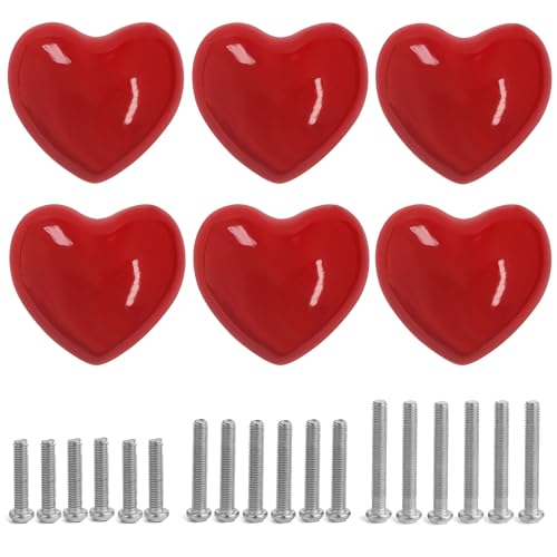 Perphin Heart Ceramic Dresser Drawer Knobs Heart Shape Cabinet Dresser Pulls Handles with 3 Sized Screws Kitchen Furniture Knobs (Red, 6 Pack) - Image 1