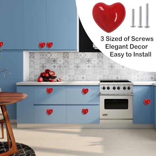 Perphin Heart Ceramic Dresser Drawer Knobs Heart Shape Cabinet Dresser Pulls Handles with 3 Sized Screws Kitchen Furniture Knobs (Red, 6 Pack) - Image 2