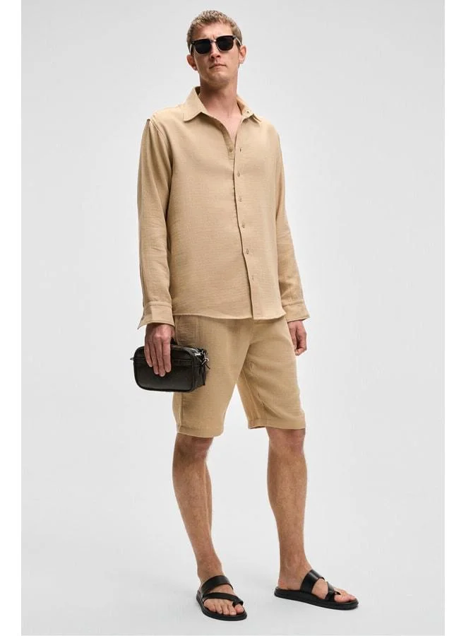 GRIMELANGE Raımo Men's 100% Cotton Muslin Fabric Cuffed Long Sleeve Comfort Fit Beige Shirt.