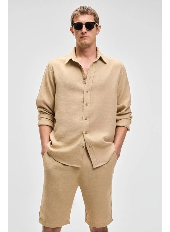 GRIMELANGE Raımo Men's 100% Cotton Muslin Fabric Cuffed Long Sleeve Comfort Fit Beige Shirt.