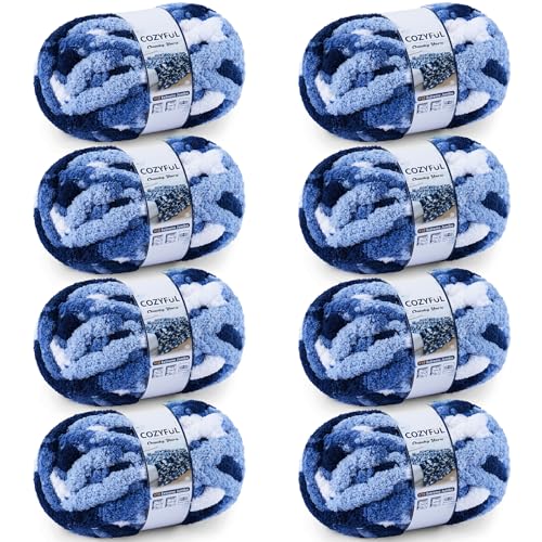 Cozyful Chunky Yarn for Hand Knitting 10 Chunky Chenille Blanket Yarn Jumbo Big Thick Chunky Yarns for Crocheting Tie Dye Bulky Knit Yarns 8 Skein 20 yds 8 oz Each Skein Multi Blue White - Image 1