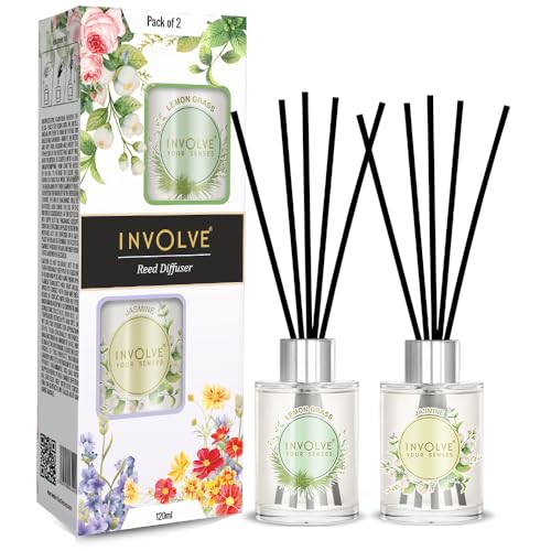 Involve your senses Involve Pura Reed Diffuser Set- Lemongrass & Jasmine - 120 ml | Oil Diffuser with Free 10 Reed Sticks | Room Freshener for Home, Bedroom | Gifts Set (Pack of 2) | Gifting Items for House Warming - Image 1