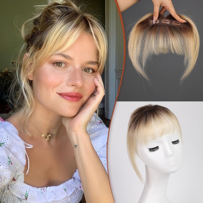 مشبك شعر HAIRCUBE للغرة 100 شعر بشري حقيقي مشبك في وصلات شعر غرة مزيفة غرة هوائية قطع شعر للنساء مع 3 مشابك آمنة في غرة كاملة أومبري أشقر فاتح