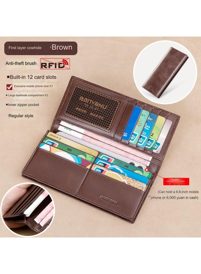 بانيانو محفظة رجالية طويلة من الجلد الطبيعي رفيعة للغاية مضادة للسرقة مع سحاب محفظة من جلد البقر طراز بني عادي (فرشاة مضادة للسرقة) - Image 1