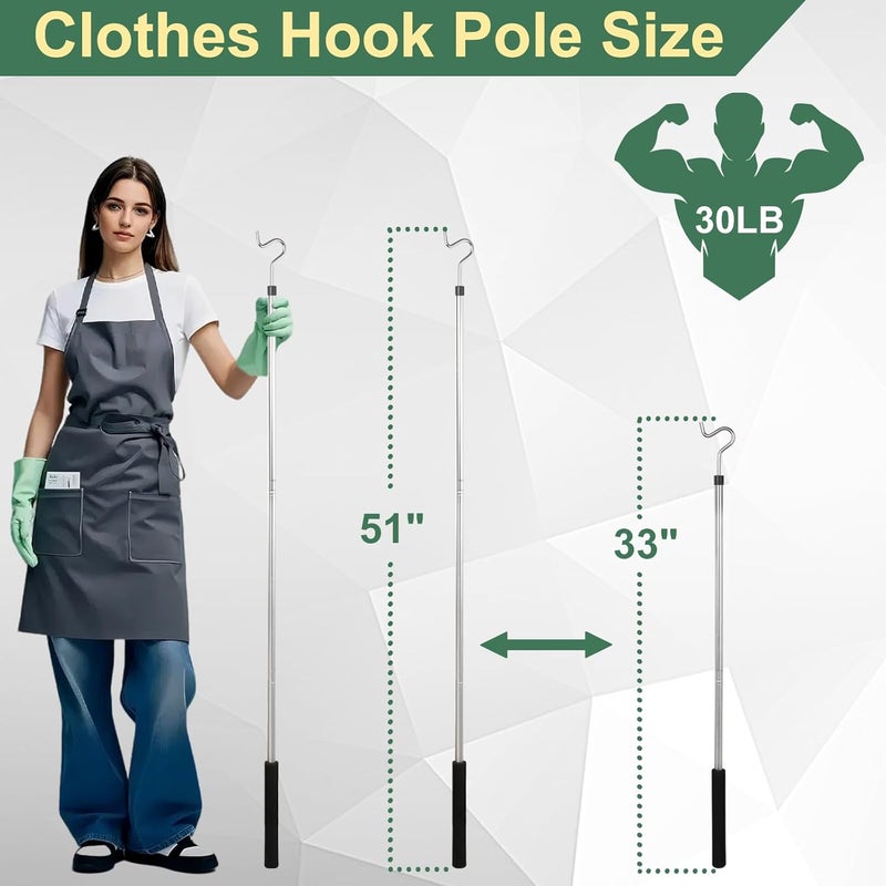 Frebuta Clothes Hanger Reaching Hook,33 to 51Inch Clothes Hook Pole Long Light Hanging Extension Adjustable Clothes Rod Assist Tool Sponge Handle Shutters Pole Ceiling Home Reacher Poles (51in) - Image 2