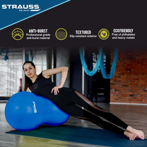 STRAUSS Anti-Burst Rubber Peanut Shape Gym Ball with Free Foot Pump | Round Shape Swiss Ball for Exercise, Workout, Yoga, Pregnancy, Birthing, Balance & Stability, 95x45 cm, (Blue) - Image 3
