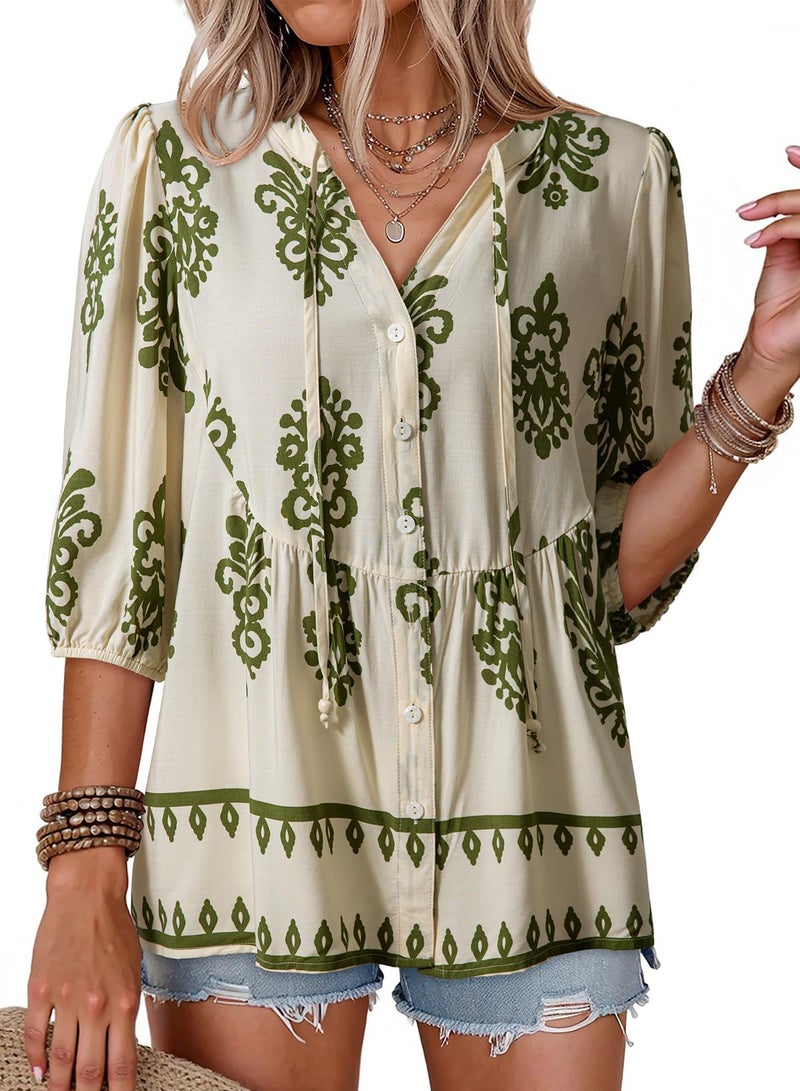Dokotoo Womens Blouses Spring Summer Boho Tops Short Sleeve Shirts for Women Button Down V Neck Drawstring Babydoll Peplum Business Casual Outfits Ladies Elegant Plus Size Clothes Apricot XX-Large - Image 1