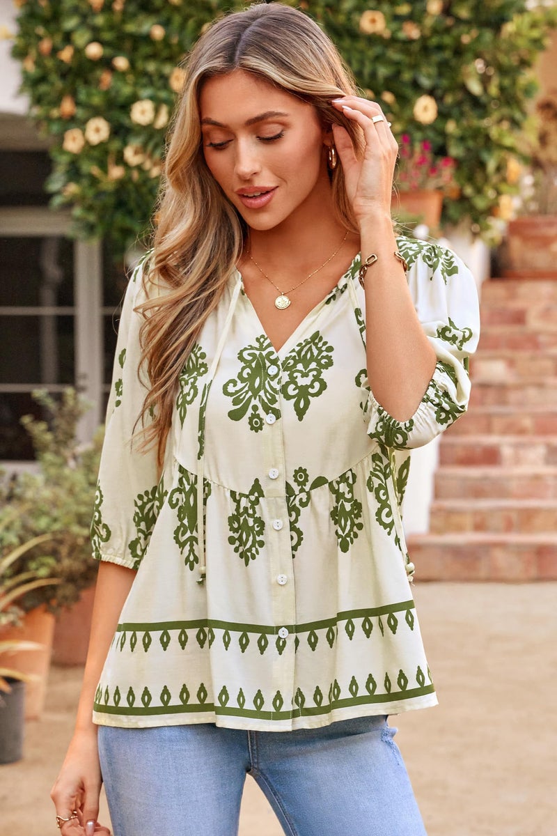 Dokotoo Womens Blouses Spring Summer Boho Tops Short Sleeve Shirts for Women Button Down V Neck Drawstring Babydoll Peplum Business Casual Outfits Ladies Elegant Plus Size Clothes Apricot XX-Large - Image 4
