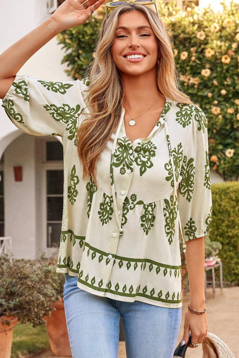 Dokotoo Womens Blouses Spring Summer Boho Tops Short Sleeve Shirts for Women Button Down V Neck Drawstring Babydoll Peplum Business Casual Outfits Ladies Elegant Plus Size Clothes Apricot XX-Large - Image 5