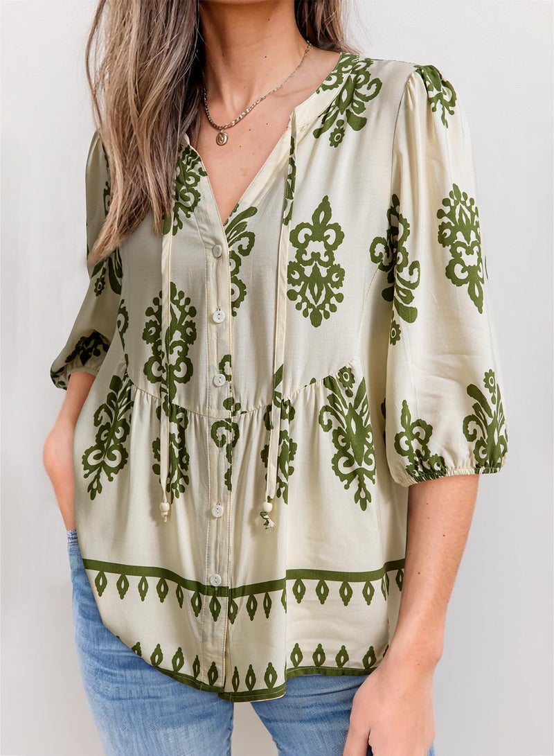 Dokotoo Womens Blouses Spring Summer Boho Tops Short Sleeve Shirts for Women Button Down V Neck Drawstring Babydoll Peplum Business Casual Outfits Ladies Elegant Plus Size Clothes Apricot XX-Large - Image 2
