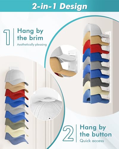 Meeenmiil Hat Organizer for Baseball Caps 2Pack Strong Adhesive Hat Rack for Wall Multilayer Hat Hooks Storage for 18 Hats Hat Holder Hanger for Door Bedroom Closet White - Image 3