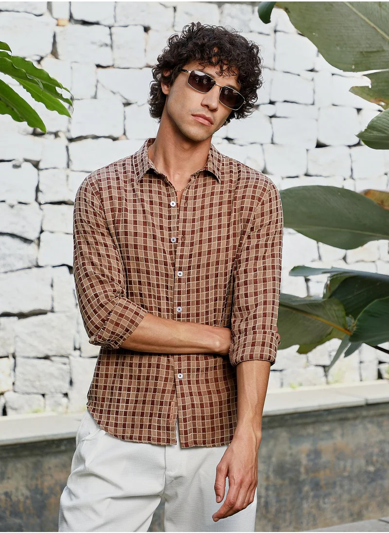 Campus Sutra Men's Russet Brown Glen Check Shirt