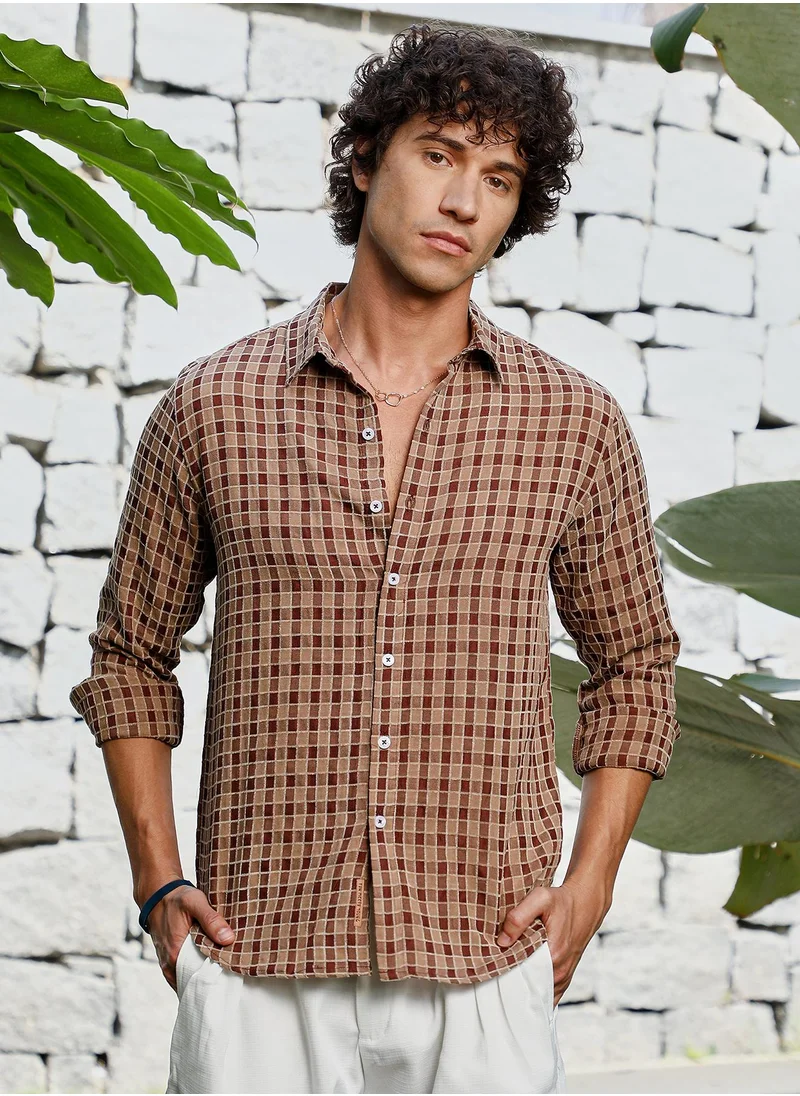 Campus Sutra Men's Russet Brown Glen Check Shirt