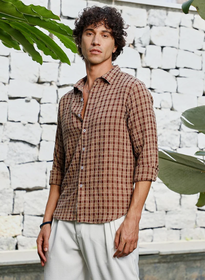 كامبوس سوترا Men's Russet Brown Glen Check Shirt