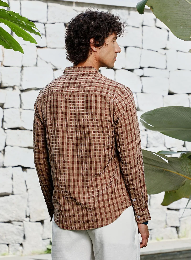 كامبوس سوترا Men's Russet Brown Glen Check Shirt