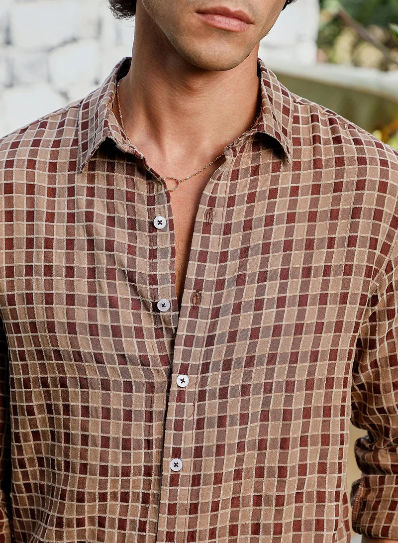 كامبوس سوترا Men's Russet Brown Glen Check Shirt