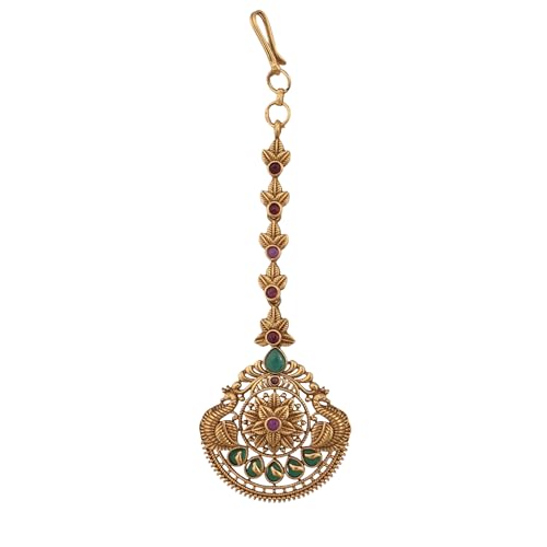 TARINIKA Antique Maang Tikka(Nethi chutti) for Women, Gold Plated Brass & CZ Stones Head Jewelry, Traditional Wedding Mang tikka Festive & Bridal Accessory (Floral Splendor) - Image 1
