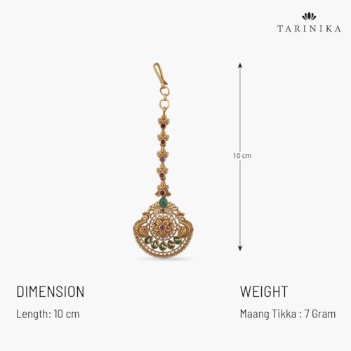 TARINIKA Antique Maang Tikka(Nethi chutti) for Women, Gold Plated Brass & CZ Stones Head Jewelry, Traditional Wedding Mang tikka Festive & Bridal Accessory (Floral Splendor) - Image 3