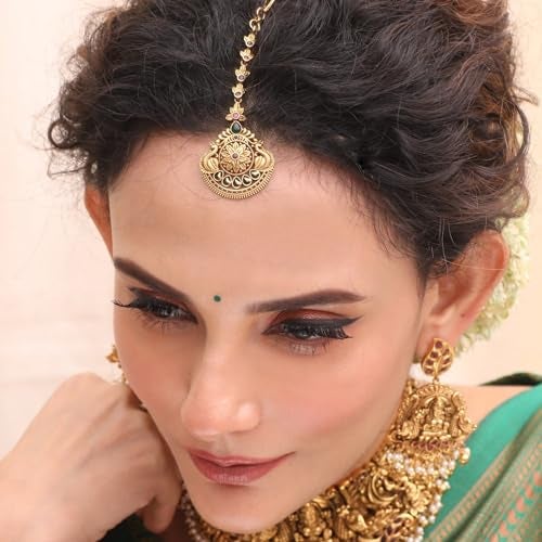 TARINIKA Antique Maang Tikka(Nethi chutti) for Women, Gold Plated Brass & CZ Stones Head Jewelry, Traditional Wedding Mang tikka Festive & Bridal Accessory (Floral Splendor) - Image 2