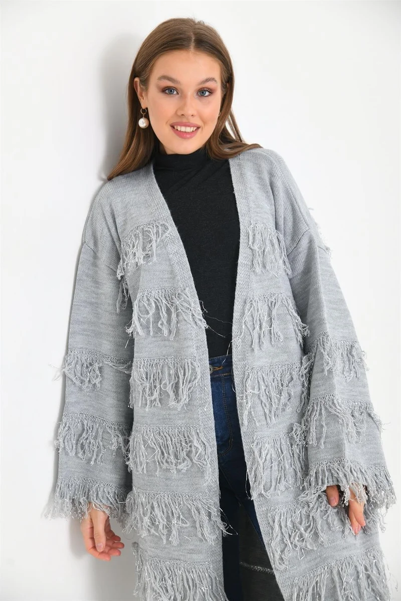 جارمي Women's Tassel Detail Long Coat Gray