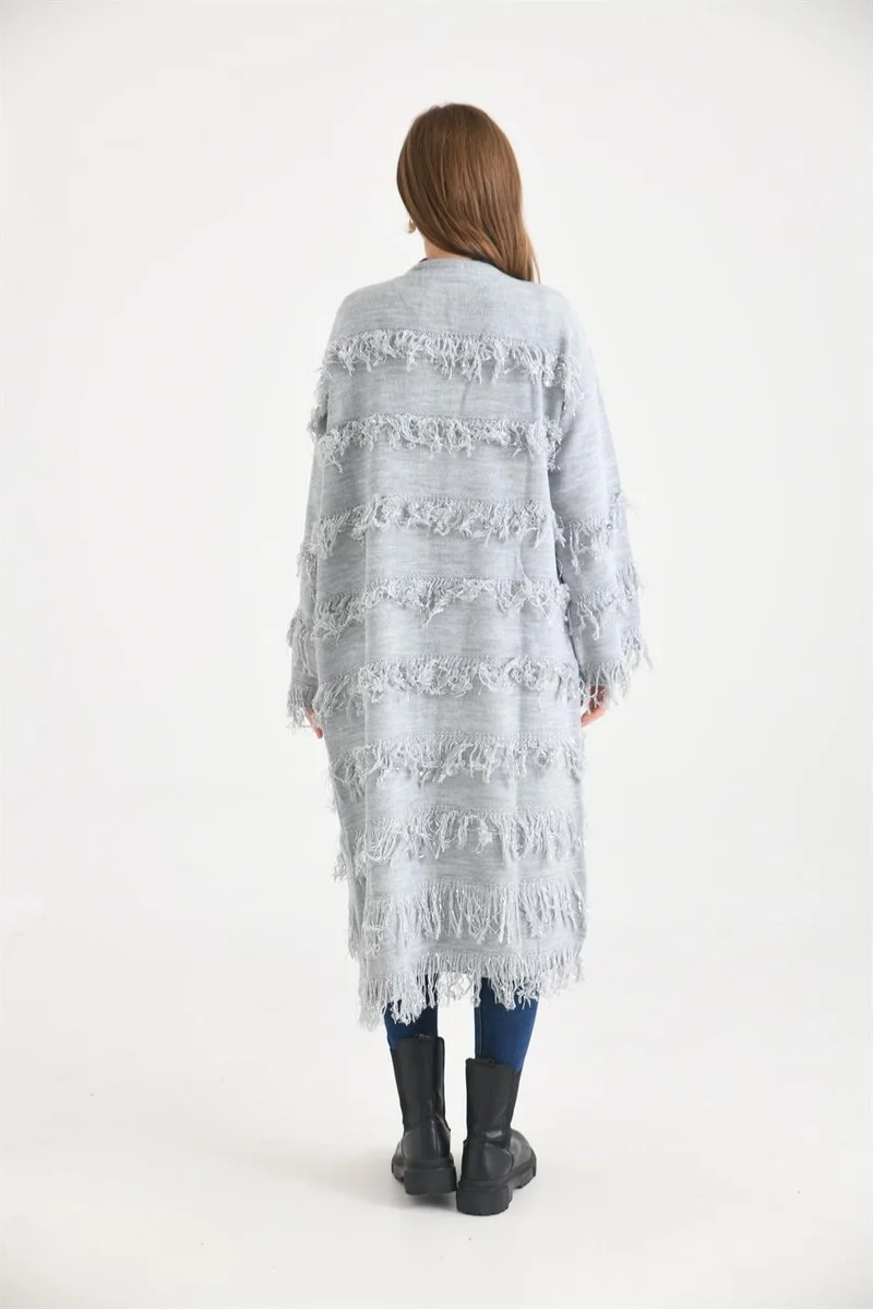 جارمي Women's Tassel Detail Long Coat Gray