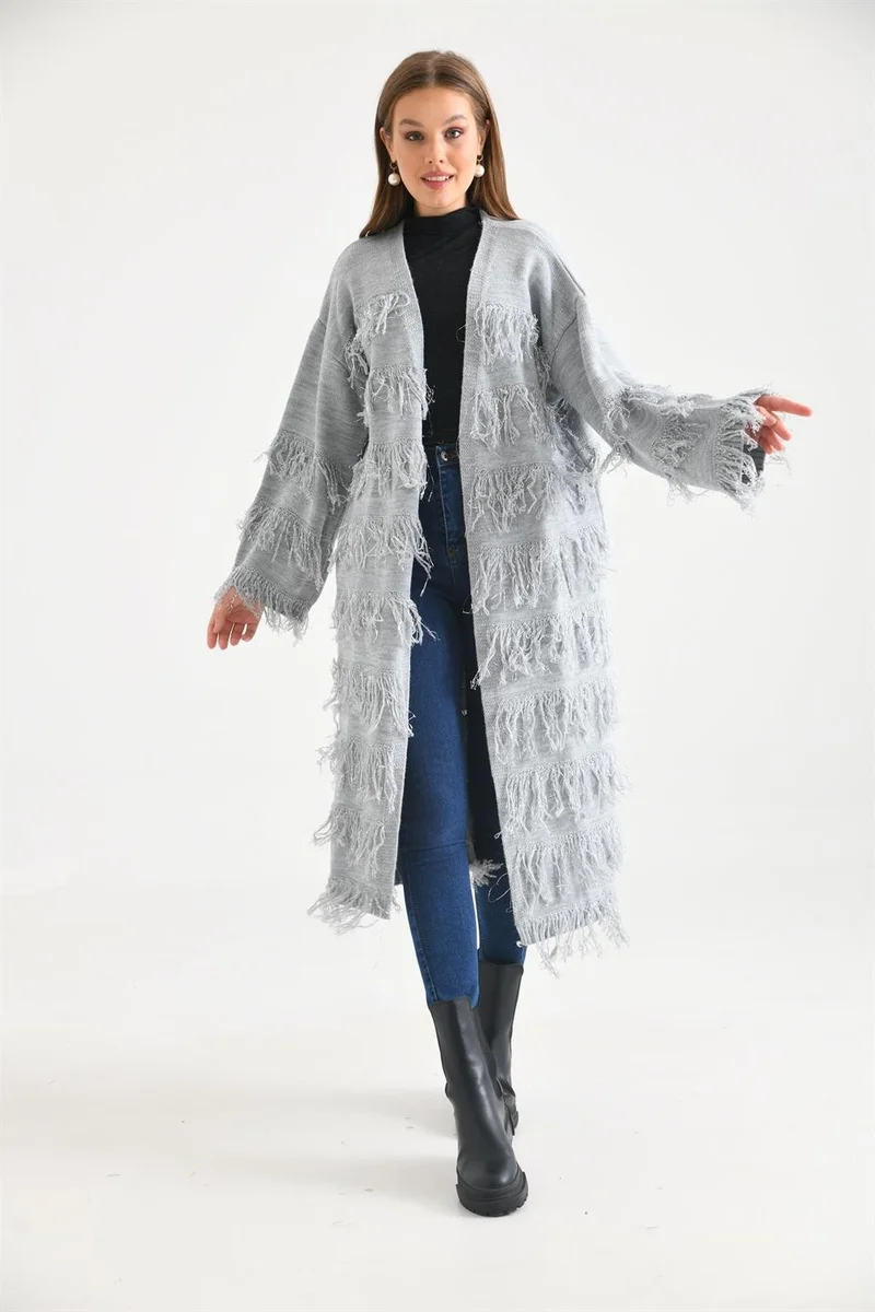 جارمي Women's Tassel Detail Long Coat Gray