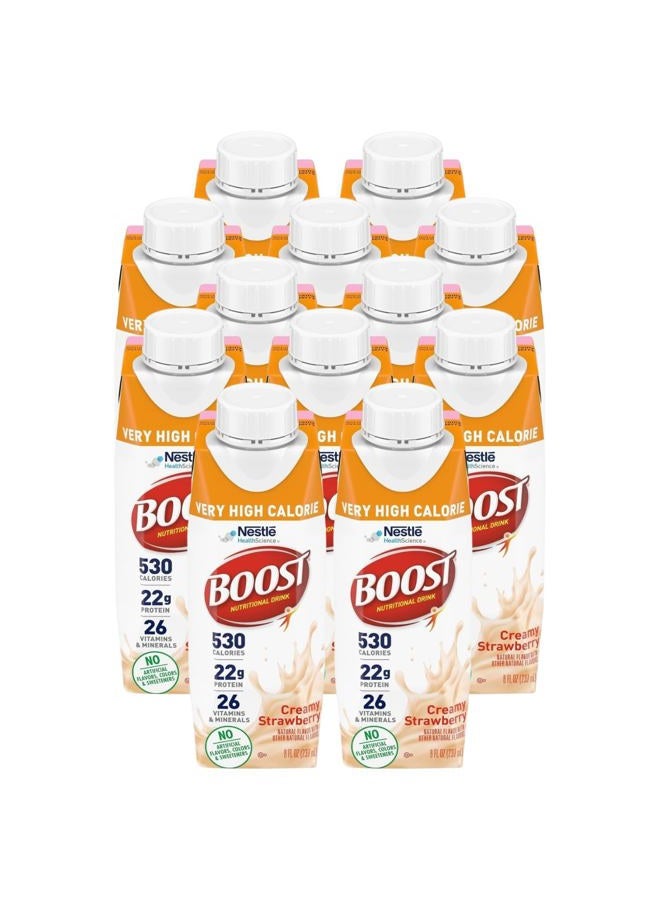 Boost Very High Calorie Nutritional Drink Creamy Strawberry, Made with Natural Strawberry Flavor & No Artificial Flavors, Colors & Sweeteners, 8 FL OZ (Pack of 12) - Image 1