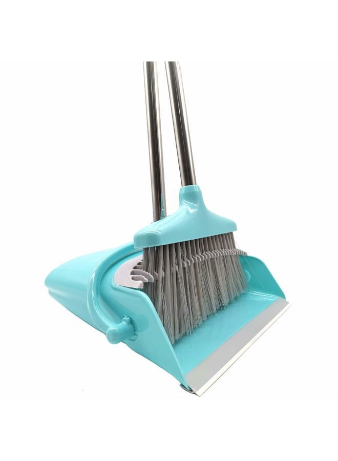Xifando Extendable Long Handle Broom and Dustpan Set, Stainless Lightweight Upright Standing Broom and Dustpan Combo for Kitchen Lobby Office Living Room Household Indoor or Outside (Light Blue) - Image 1
