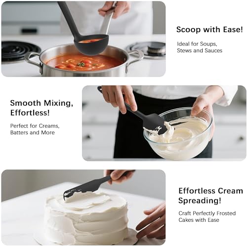 Coukre Silicone Kitchen Cooking Utensils Set with Holder – Heat-Resistant, Food-Grade Kitchen Tools, Spatula, Spoon & Gadgets for Non-Stick Pans, Dishwasher Safe (14, PureBlack) - Image 4