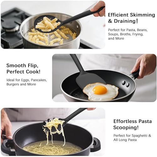 Coukre Silicone Kitchen Cooking Utensils Set with Holder – Heat-Resistant, Food-Grade Kitchen Tools, Spatula, Spoon & Gadgets for Non-Stick Pans, Dishwasher Safe (14, PureBlack) - Image 3
