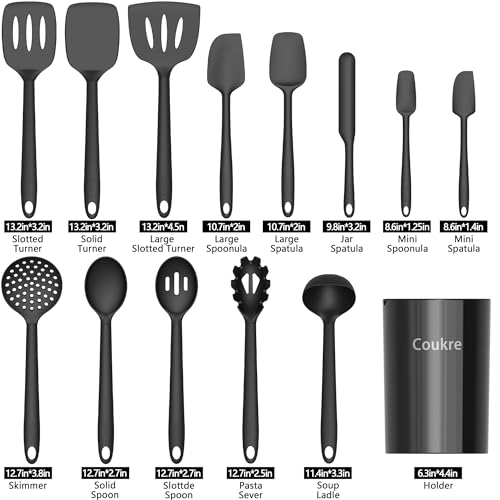 Coukre Silicone Kitchen Cooking Utensils Set with Holder – Heat-Resistant, Food-Grade Kitchen Tools, Spatula, Spoon & Gadgets for Non-Stick Pans, Dishwasher Safe (14, PureBlack) - Image 2